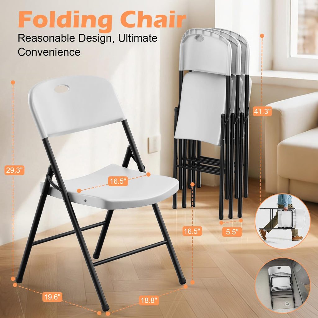 VTOY Heavy Duty Folding Chairs, 450 lbs Capacity Stackable Plastic Chairs, Durable & Comfortable for Indoor Outdoor, Wedding, Party, Patio, Office (White 2 Pack)
