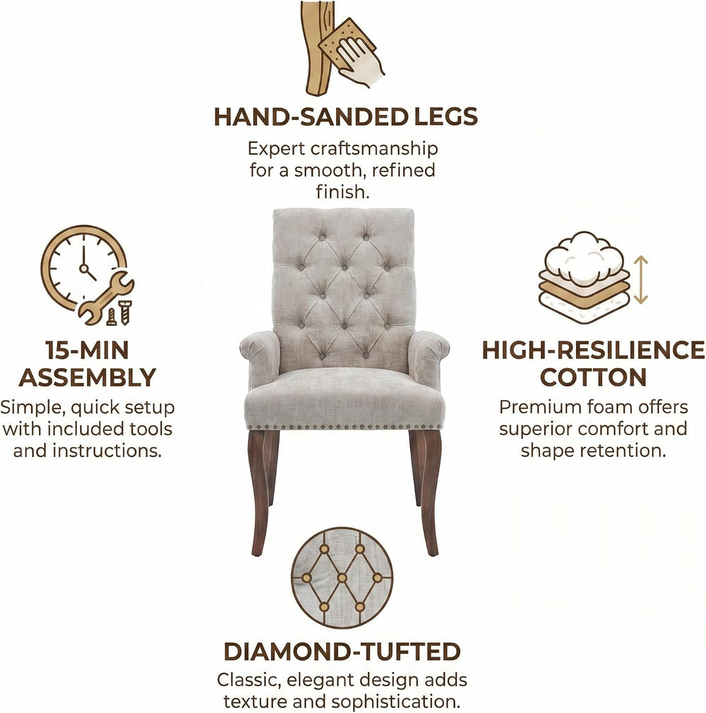Upholstered Dining Chairs with Arms, Greyish Beige, 1 Pack | Tufted Chenille ...