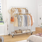 Laiensia Double Rods Garment Rack with Wheels, Clothing Rack for Hanging Clothes,4 Hooks, Multi-functional Bedroom Clothes Rack, White