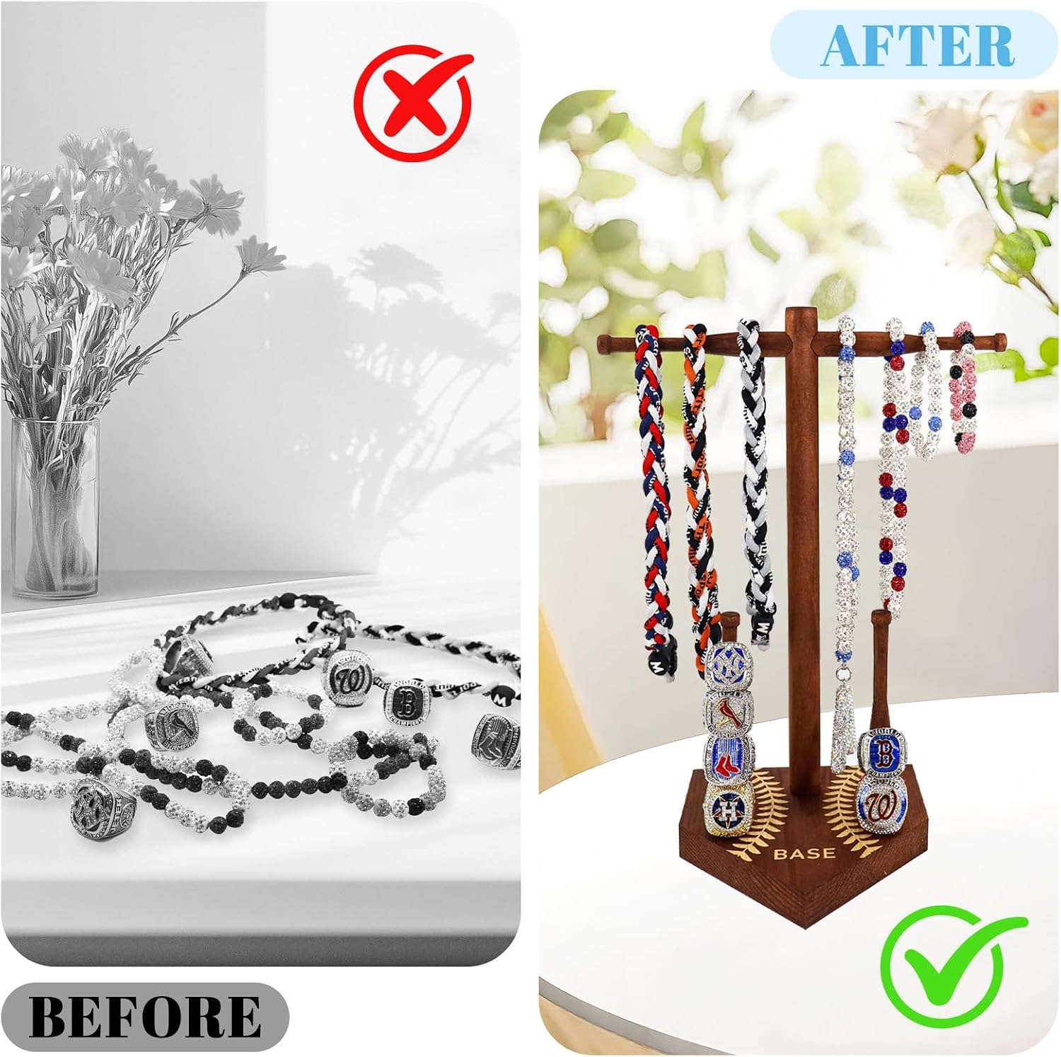 Wooden Baseball or Softball Drip Necklace Organizer Holder, Ring Holder | Championship Sports Ring Display Holder,Softball Ring Holder,Drip Necklace Ring Holder Baseball Display Gift (Walnut Red)