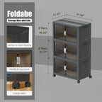 Stackable Storage Bins, Plastic Closet Organizer Folding Container with Lid & Wheel, Collapsible Storage Cabinet with Door, Foldable Storage Boxes for Home, Pantry, Office (L, Gray 3-Tier)