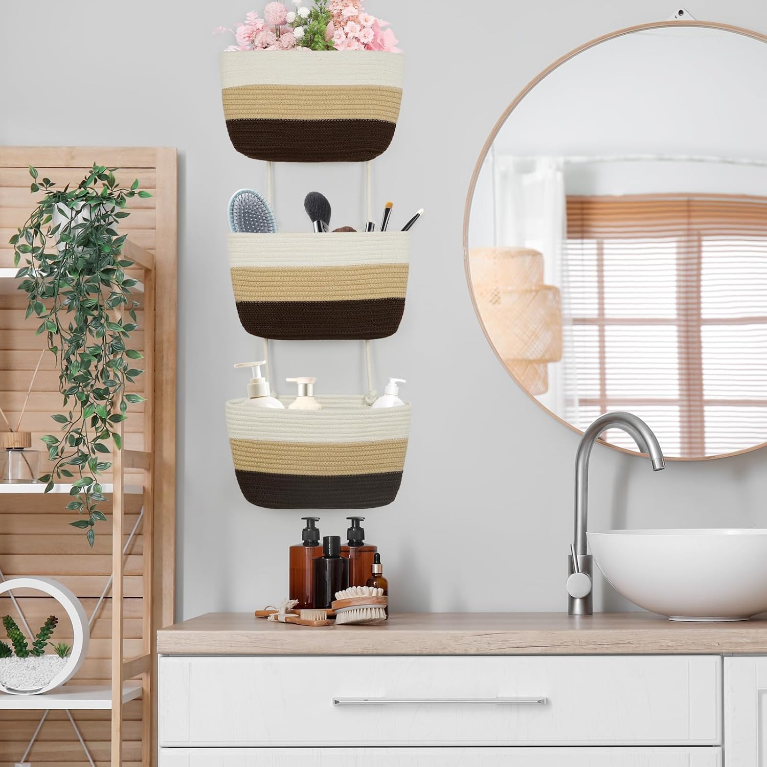 TeoKJ Over the Door Hanging Baskets, 3-Tier Woven Cotton Storage Organizer Bag Decorative Nursery Kitchen Baskets，Gradient Brown