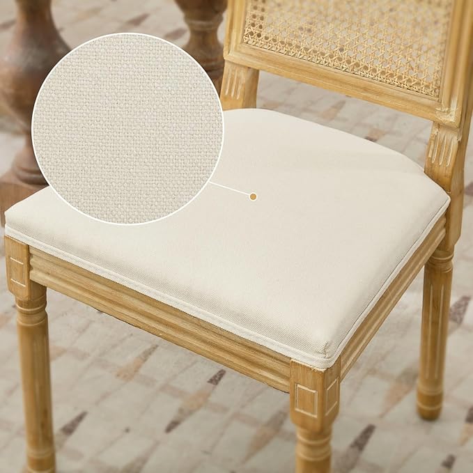 Dining Chairs Set of 6 for Dining Room & Kitchen, French Country Rattan Cane Back Chairs with Linen Upholstered Seat and S-Spring Support, Beige