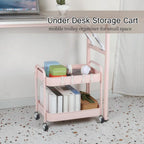 2 Tier Rolling Cart Metal with Wheels Under Desk Storage Cart for Small Space Organization, Small Trolley for Pantry Room Laundry Bathroom Kitchen Office Art Snack Baby Supplies, Pink