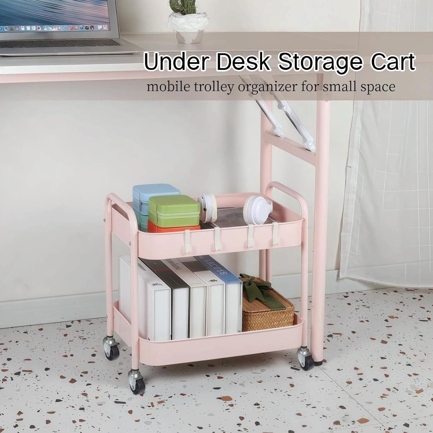 2 Tier Rolling Cart Metal with Wheels Under Desk Storage Cart for Small Space Organization, Small Trolley for Pantry Room Laundry Bathroom Kitchen Office Art Snack Baby Supplies, Pink
