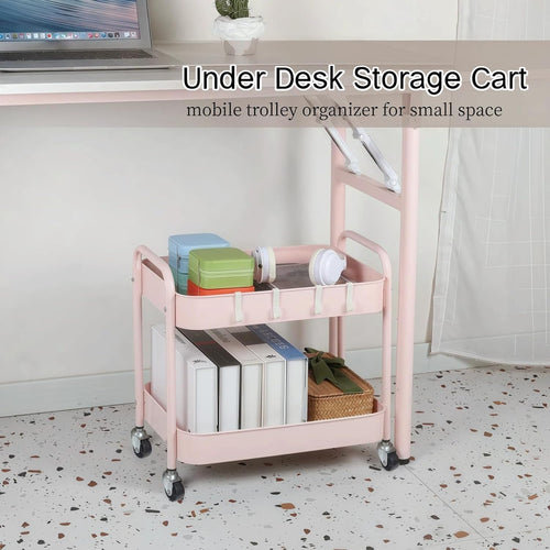 2 Tier Rolling Cart Metal with Wheels Under Desk Storage Cart for Small Space Organization, Small Trolley for Pantry Room Laundry Bathroom Kitchen Office Art Snack Baby Supplies, Pink