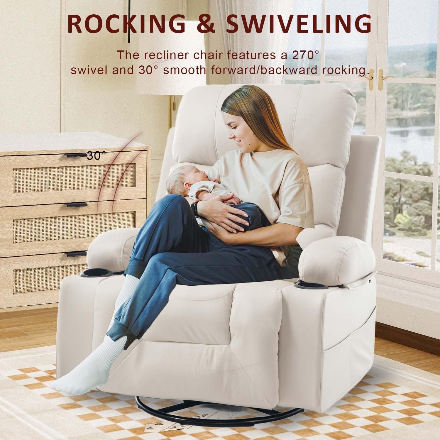 KCQ Power Swivel Rocker Recliner with Massage and Heat USB Port, Overstuffed Faux Leather Electric Rocking Recliner Chair Swivel Glider Chairs for Nursery, Cream Beige