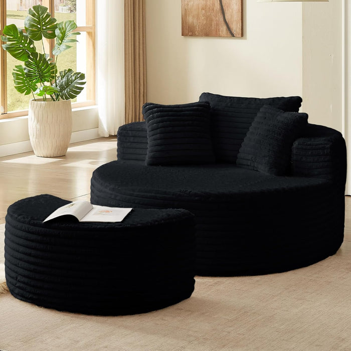 Oversized Round Chaise Lounge Chair Indoor with Ottoman Round Floor Chair | Modern Upholstered Corduroy Circle Couch with Pillows for Living Room, Apartroom, Bedroom, No Assembly Required, Black