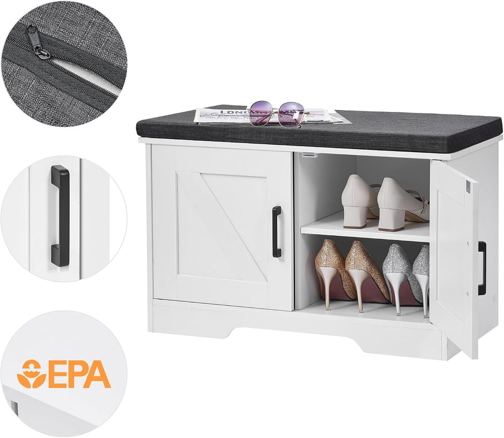 HOMSHO Farmhouse Shoe Storage Bench with 2 Barn Doors & Padded Seat Cushi...