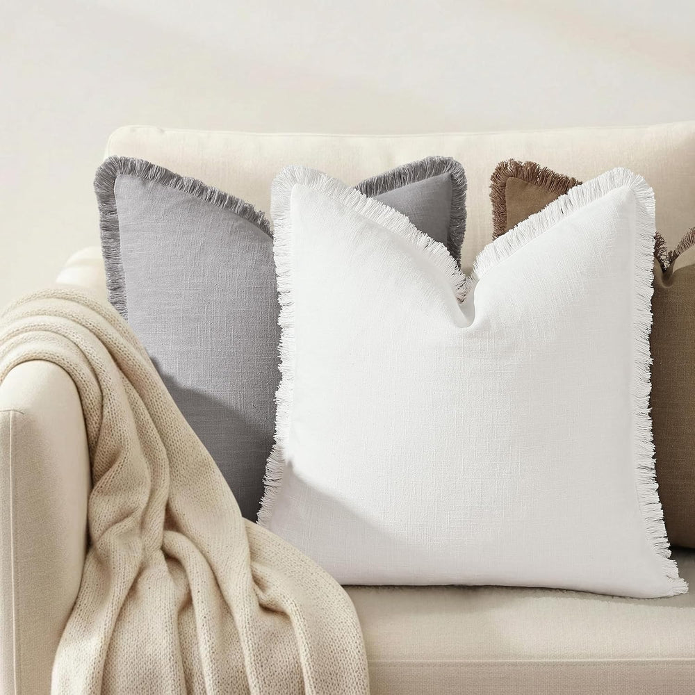 decorUhome Linen Fringe Cream White Throw Pillow Covers 24x24 Set of 2