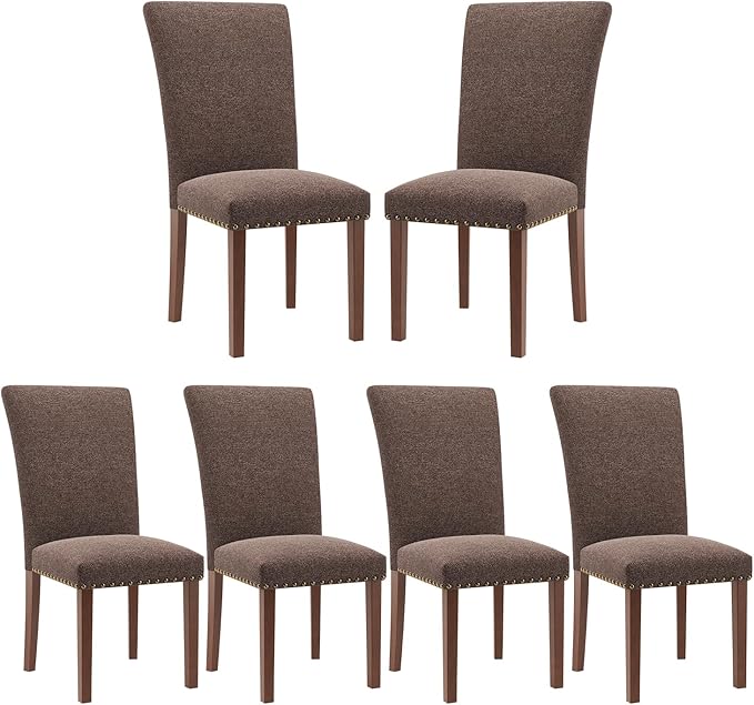 Stylish Dining Chairs Set of 6, Upholstered Parsons Dining Room Chair with Nailhead Trim, Kitchen Room Chair with Thick Cushions and Wood Legs, Nailhead Trim, Brown