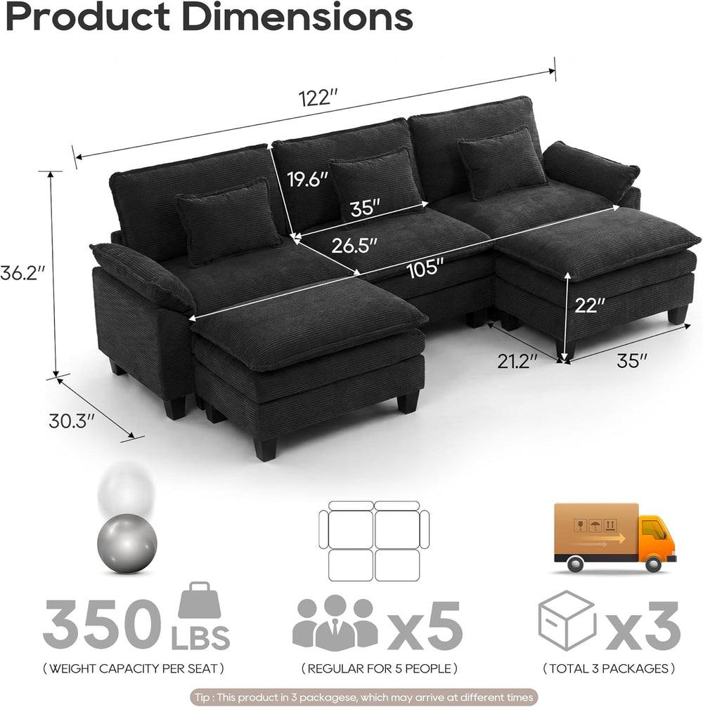 URRED Oversized Modular Sectional Sofa，Solid Black：122" U Shaped | Moder...