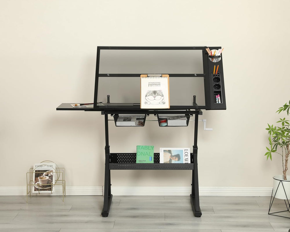 Drafting Table with Storage and Stool, Art Desk for Adults Hand Crank Adjusta...