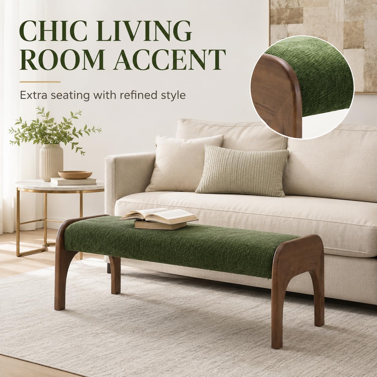 50.25“ Upholstered Bench, Modern Dining Bench with Soft Chenille Fabric, 6" Padded Seat and Rubber Wood Legs, End of Bed Bench for Bedroom, Entryway, Hallway, Living Room (C-Green)