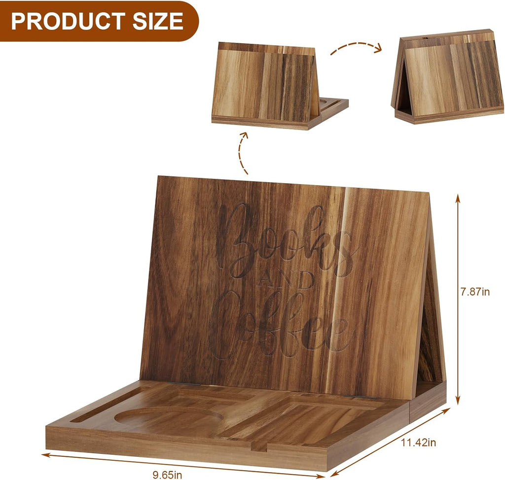 Wooden Triangle Book Stand Holder for Page Rest, Acacia Foldable Nook Reading Valet with Cup,Pen, Glasses and Phone Holder for Bedroom Nightstand Office,Book Lover Gifts for Readers (Acacia)