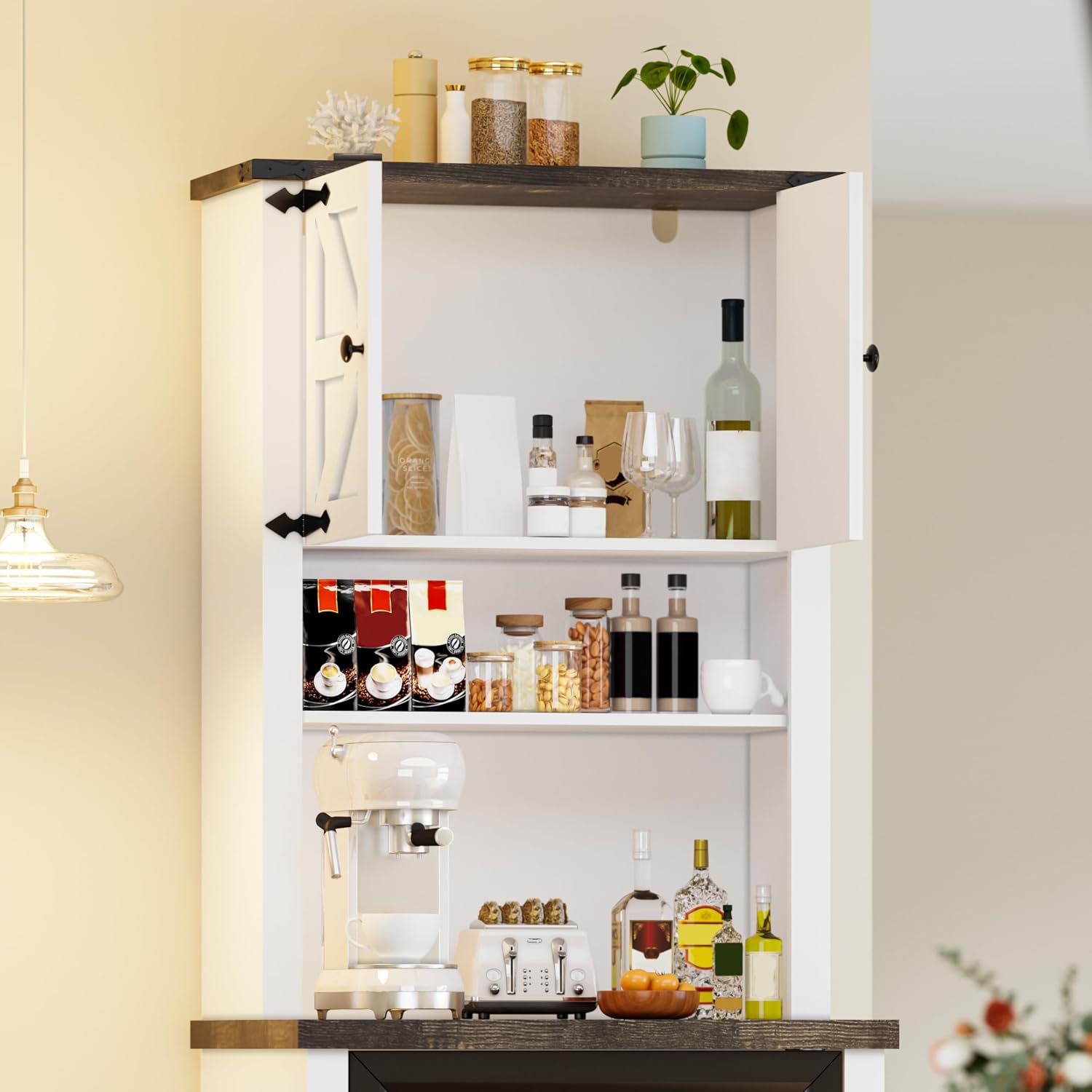 73'' Tall Mini Fridge Cabinet with Storage Hutch, Farmhouse Coffee Bar with Mini Fridge Space, Wine Bar Cabinet for Kitchen, Dining Room, Living Room