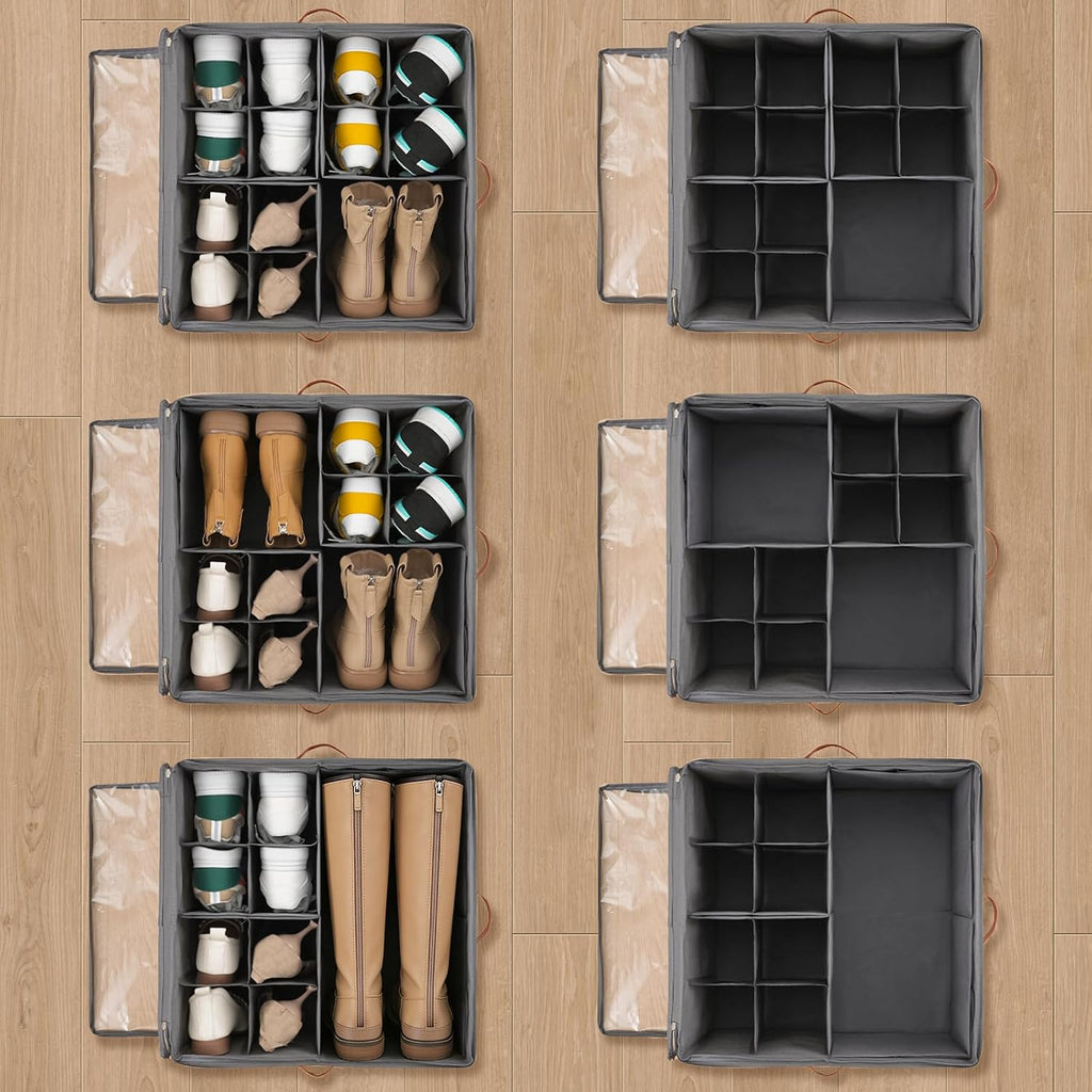 INSTY 2 Pack Shoe Organizer for Closet,Shoe Storage Organizer with Wheels, Fits up to 32 Pairs,Adjustable Dividers,Fabric Shoe Storage Bins with Clear Cover,Beige and Grey