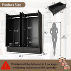 Armoire Wardrobe Closet with Doors: 74" Large Wardrobe Closet with 2 Drawers and 4 Doors, Modern Black Bedroom Armoires, Tall Closet Cabinet for Hanging Clothes (Black, 63")
