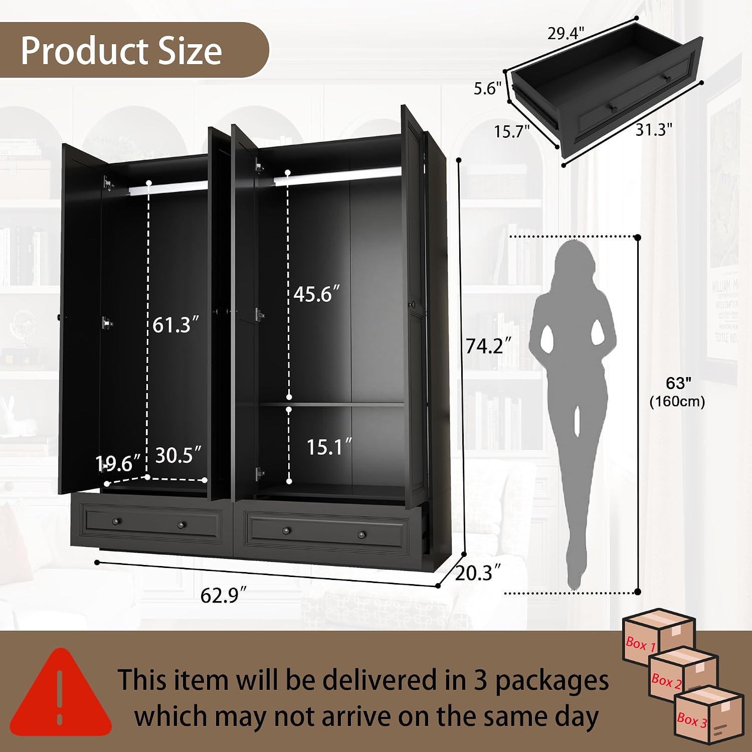 Armoire Wardrobe Closet with Doors: 74" Large Wardrobe Closet with 2 Drawers and 4 Doors, Modern Black Bedroom Armoires, Tall Closet Cabinet for Hanging Clothes (Black, 63")