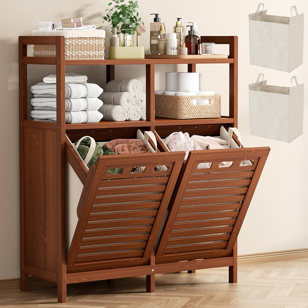 Homykic Tilt Out Laundry Hamper Cabinet, Bamboo Double Laundry Hamper with 2 Removable Laundry Baskets, 20 Gal Laundry Sorter Organizer with Shelf for Dirty Clothes, Bathroom, Laundry Room, Walnut