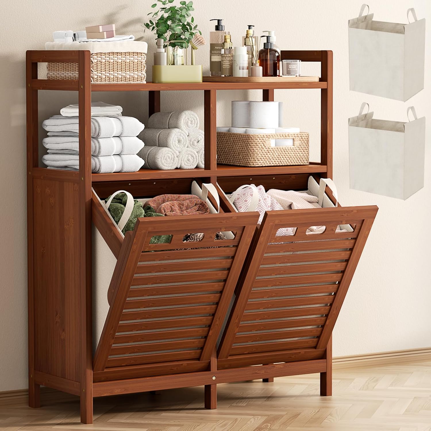 Homykic Tilt Out Laundry Hamper Cabinet, Bamboo Double Laundry Hamper with 2 Removable Laundry Baskets, 20 Gal Laundry Sorter Organizer with Shelf for Dirty Clothes, Bathroom, Laundry Room, Walnut