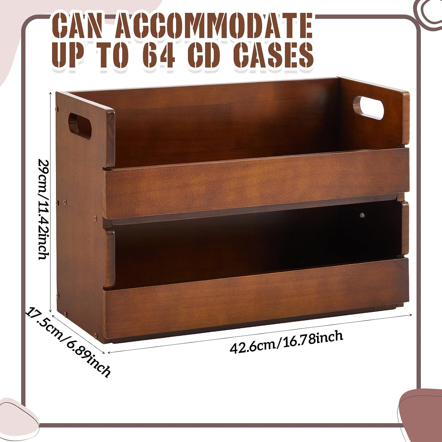 CroBlissful 2-Tier Wooden CD Storage Holder, Classic Brown CD Display Shelf Rack with Carrying Handles, CDs Organizer for DVDs, Movie Cases and Cassette Tapes, Holds up to 72 CDs