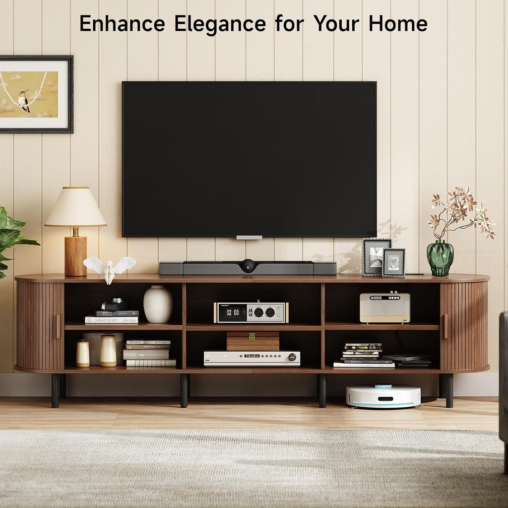 86.6" TV Stand with Power Outlet for TVs up to 90 Inch, Entertainment Center with Storage and Adjustable Shelves, Modern Media Console with Sliding Doors for Living Room, Walnut