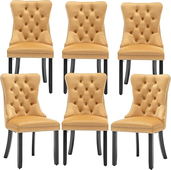 Mid Century Modern Dining Chair Set of 6 Velvet Upholstered Dining Accent Chair Farmhouse Dining Chairs with High Back and Nailhead Trim for Kitchen, Living Room, Bedroom (Gold)