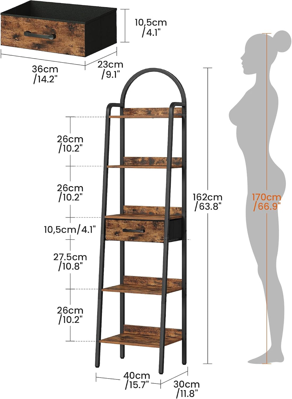CHOEZON 5 Tier Ladder Shelf with Drawer, Tall Ladder Bookshelf, Standing Book...