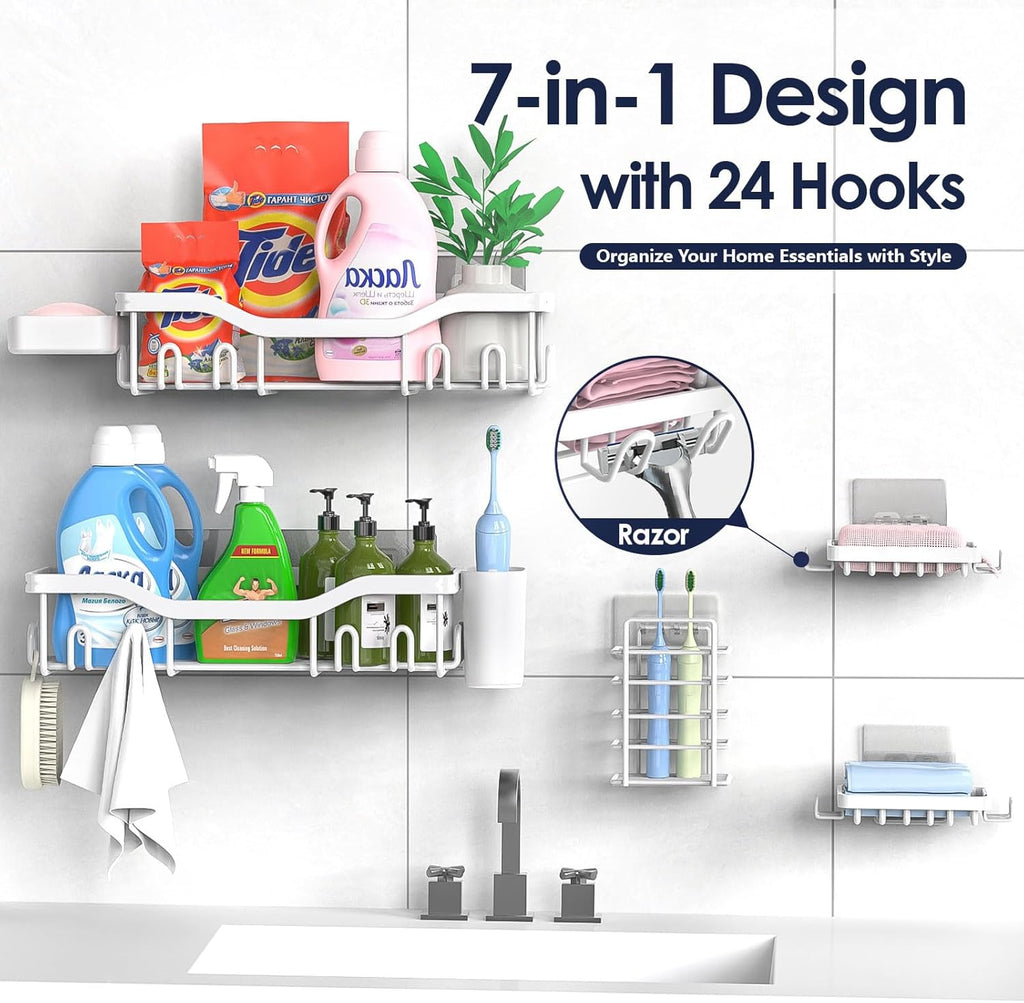 Shower Caddy Adhesive Shower Organizer 7-Pack, Rustproof Stainless Steel Bathroom Shelves, Large Capacity No-Drill Rack Storage Accessories with Soap Dish Toothbrush Holder Hooks (White)