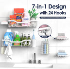 Shower Caddy Adhesive Shower Organizer 7-Pack, Rustproof Stainless Steel Bathroom Shelves, Large Capacity No-Drill Rack Storage Accessories with Soap Dish Toothbrush Holder Hooks (White)