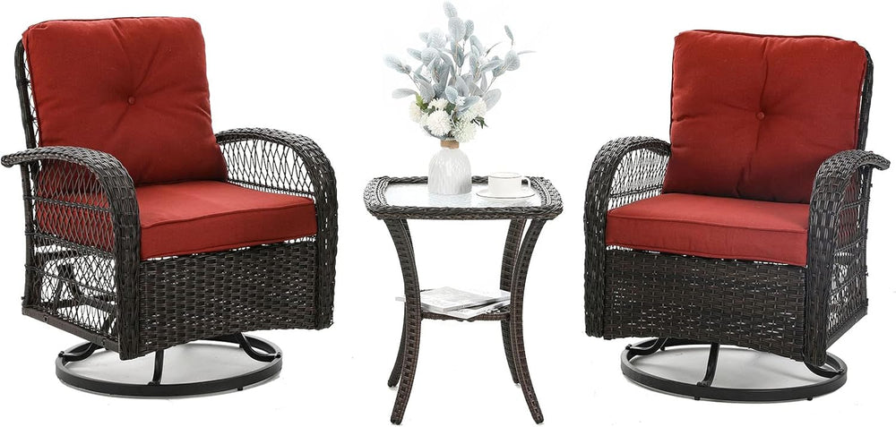 Patio Furniture Set 3 Pieces, Outdoor Swivel Glider Rocker Bistro Set, Red