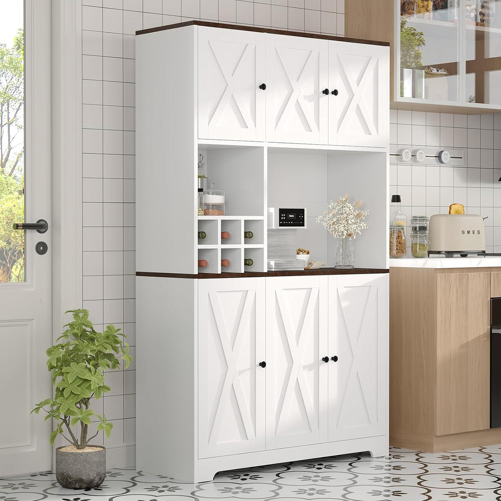 71" Tall Freestanding Farmhouse Pantry Cabinet with Wine Rack, Coffee Ba...