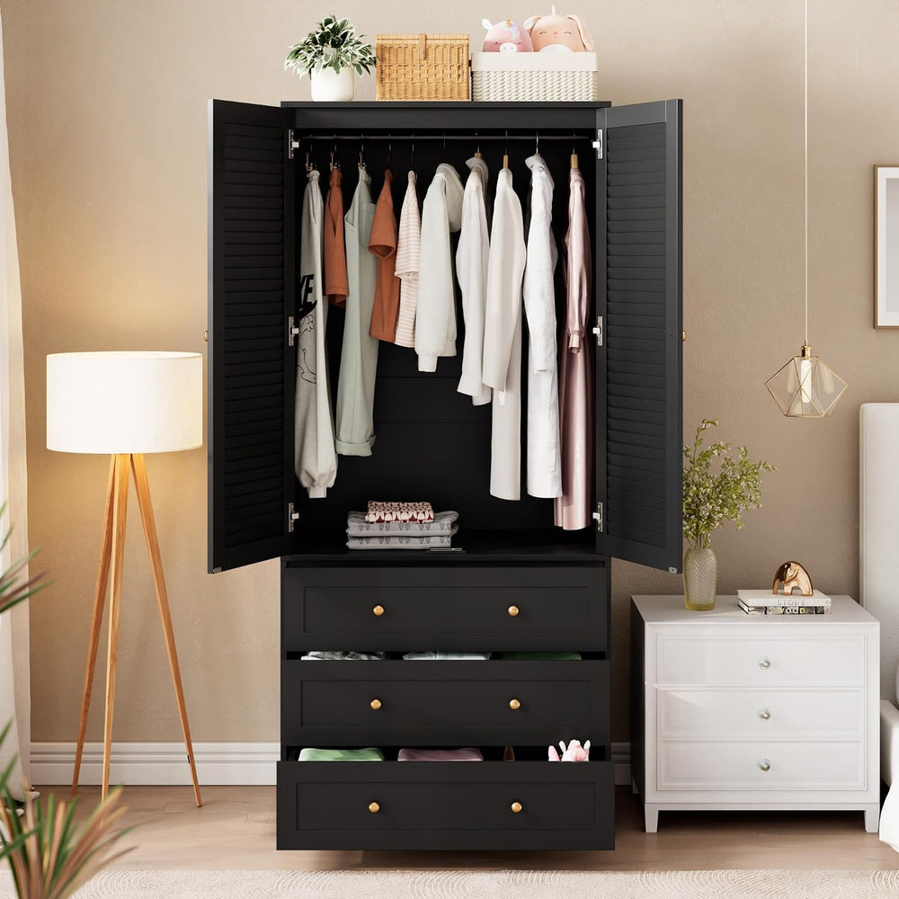 GarveeHome 70" Wardrobe Armoire Wooden Closet with 3 Drawers, Black
