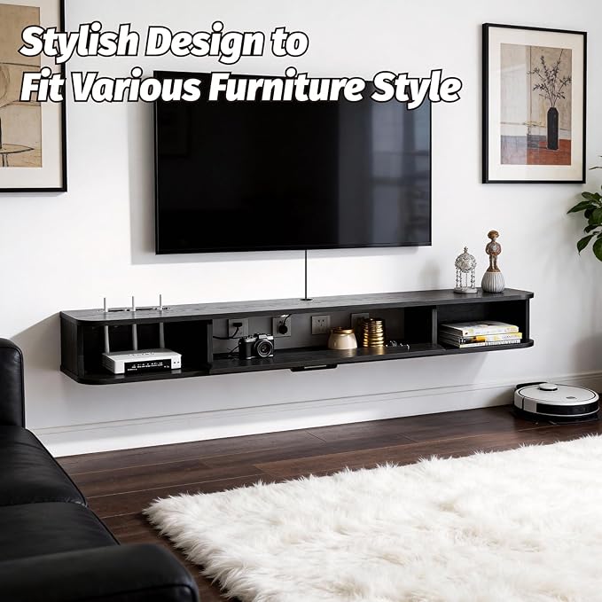 Floating TV Unit, 55'' Wall Mounted TV Cabinet, Floating Shelves with Door, Modern Entertainment Media Console Center Large Storage TV Bench for Living Room & Office (55.12IN, Black)