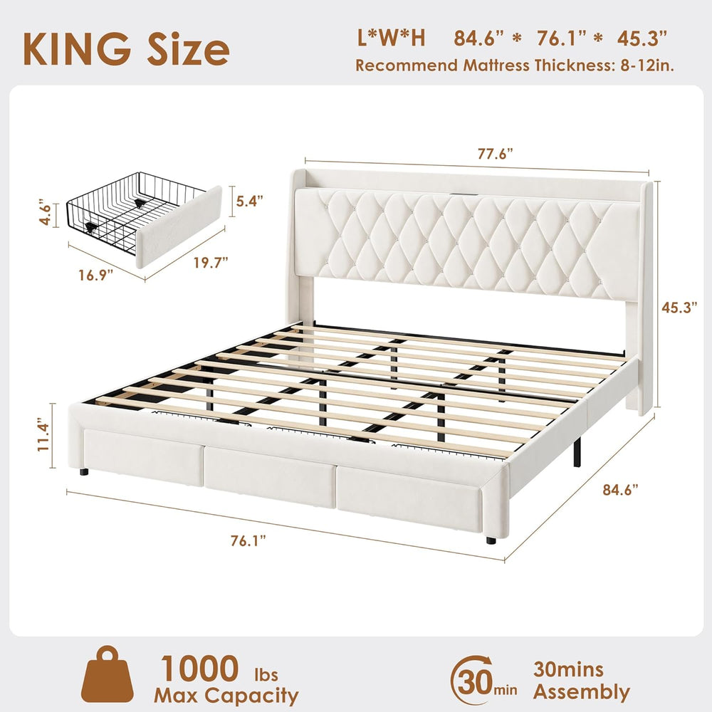 Garvee King Size Bed Frame with Storage, Velvet Upholstered Platform Bed Fram...