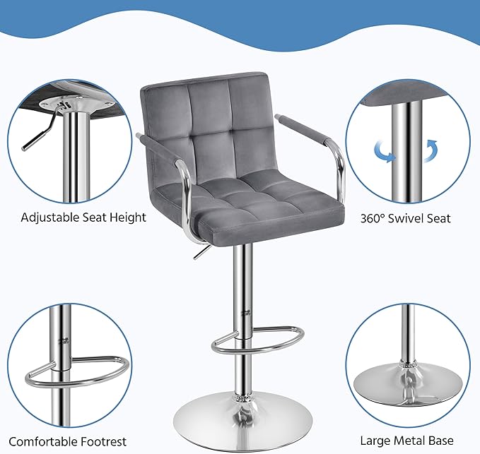 Yaheetech Counter Height Bar Stools Set of 2 Velvet Swivel BarStools for Kitc...