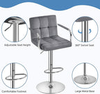 Yaheetech Counter Height Bar Stools Set of 2 Velvet Swivel BarStools for Kitchen Stool Height Adjustable Counter Stool Barstools with Armrest, Velvet, Grey