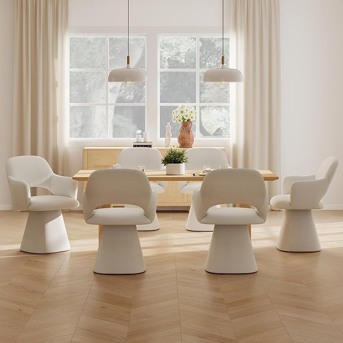 360° Swivel Dining Chair with Arms Set of 6, Chenille Upholstered Barrel Acce...
