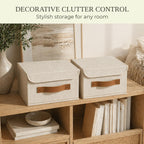 Decorative Linen Storage Boxes with Lids - Spacious Set of 2 Organizer Bins for Your Home Decor - The Perfect Small Container to Safely Store Photos, Documents and Memory Box Keepsakes in Style