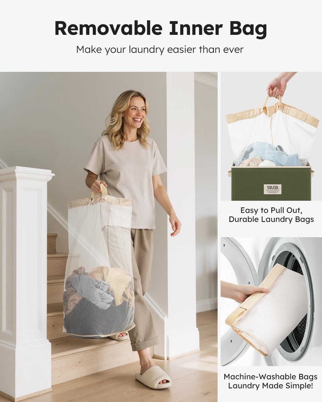 SOLEDI Laundry Hamper with Lid 100L Large & Tall Collapsible Laundry Basket, Clothes Hamper with Bag Removable Easy to Carry, Dirty Hampers for Bedroom, Bathroom, Dorm, College, Avocado