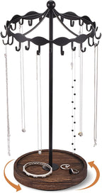 Lolalet Rotating Necklace Holder Stand with Metal Hooks, Spinning Display Carousels, Freestanding Organizer Hanger, for Long Necklaces Chains -Black