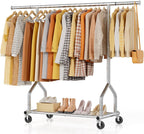 EAGMAK Heavy Duty Clothes Rack Load 424 LBS, Rolling Clothing Rack With Shelves, Adjustable Metal Clothes Hanger with Wheels, Portable Wardrobe Organizer Garment Rod for Hanging Clothes (Silver)