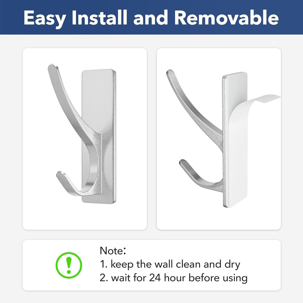 pickpiff Stick on Hooks for Hanging, Extra Sticky 6KG (Max), Coat Hook on Door for Towel Coat Hat Key, Self Adhesive Hangers Wall Mounted, Silver, 6 Pack