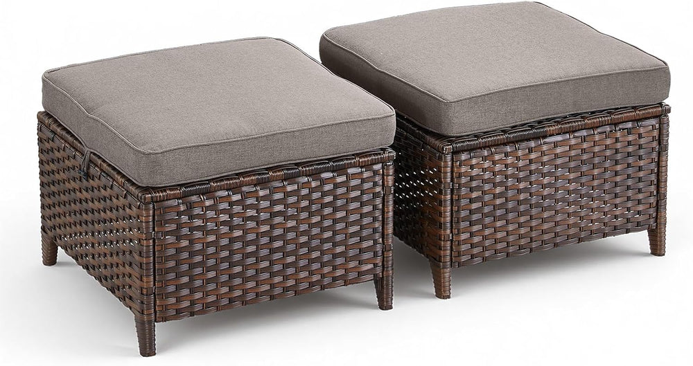 Patio Wicker Ottomans Set of 2, All Weather Outdoor Rattan Ottoman Seat, 2 Pi...