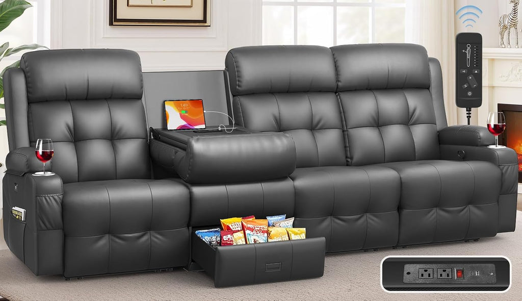 Recliner Sofa, Massage Flip Back Reclining Sofa 4 Seater Sets Heavy Weight Capacity, RV Loveseat Clearance, Recliner Couch with Storage, Cup Holders, Wall Hugger Couches for Living Room