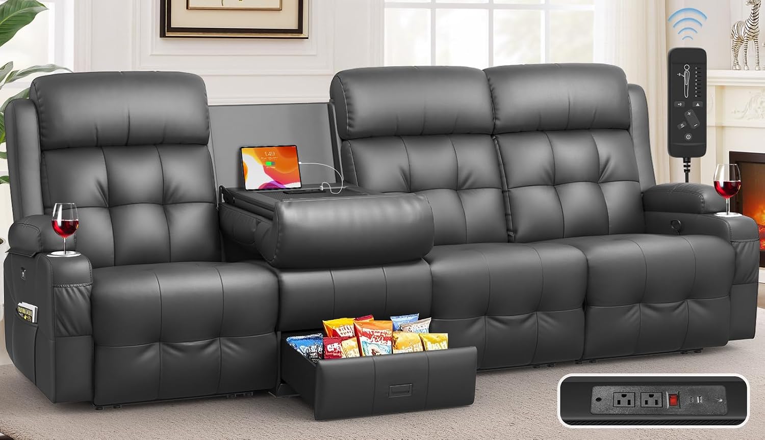 Recliner Sofa, Massage Flip Back Reclining Sofa 4 Seater Sets Heavy Weight Capacity, RV Loveseat Clearance, Recliner Couch with Storage, Cup Holders, Wall Hugger Couches for Living Room