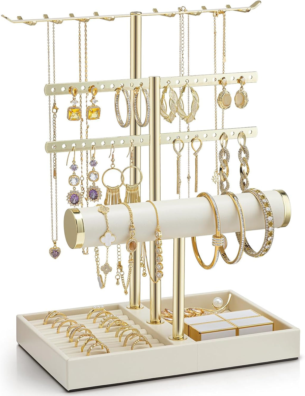 Vlando 3 Tier Jewelry Stand Organizer with Tary, Leather Jewelry Holder Display for Women, Gold Jewlery Holder Display for Necklace, Earring, Bracelet, Rings - Cloud White