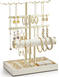 Vlando 3 Tier Jewelry Stand Organizer with Tary, Leather Jewelry Holder Display for Women, Gold Jewlery Holder Display for Necklace, Earring, Bracelet, Rings - Cloud White