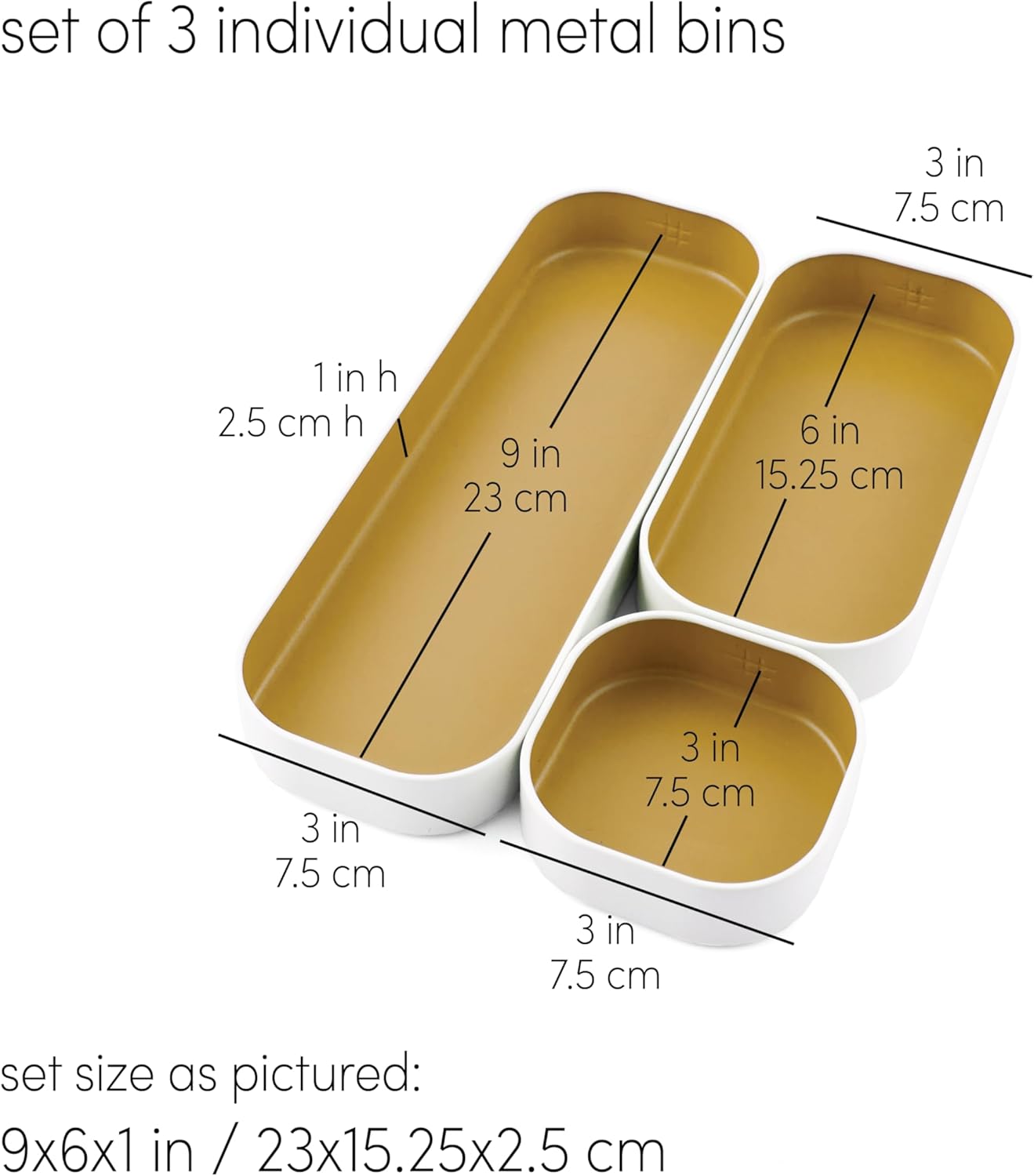 Three by Three Seattle 3 Piece Shallow Metal Organizer Tray Set for Storing Makeup, Stationery, Utensils, and More in Office Desk, Kitchen and Bathroom Drawers (1 Inch, Gold and White)
